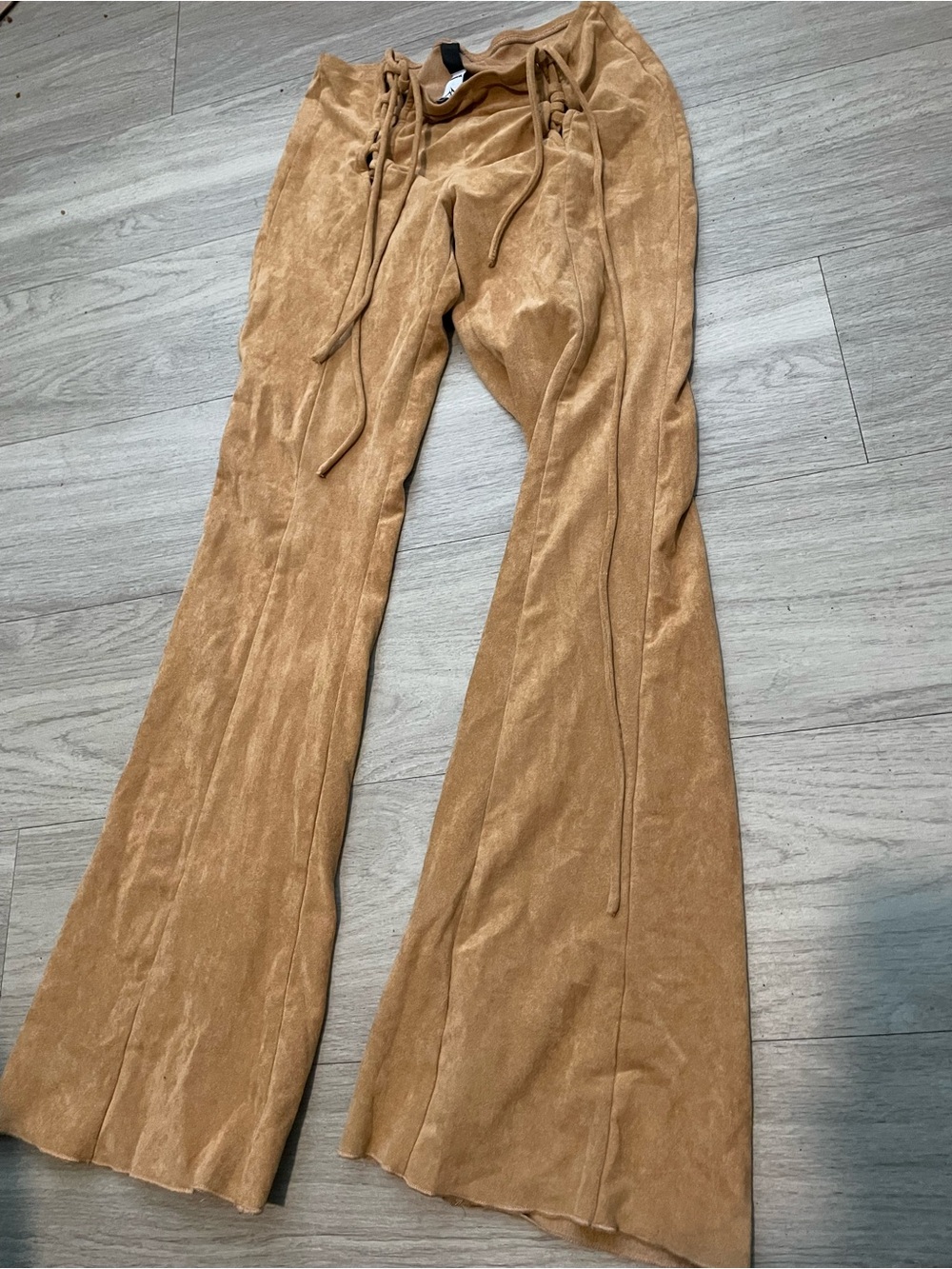 Windsor Tan Suede-Look Lace-Up Flare Pants